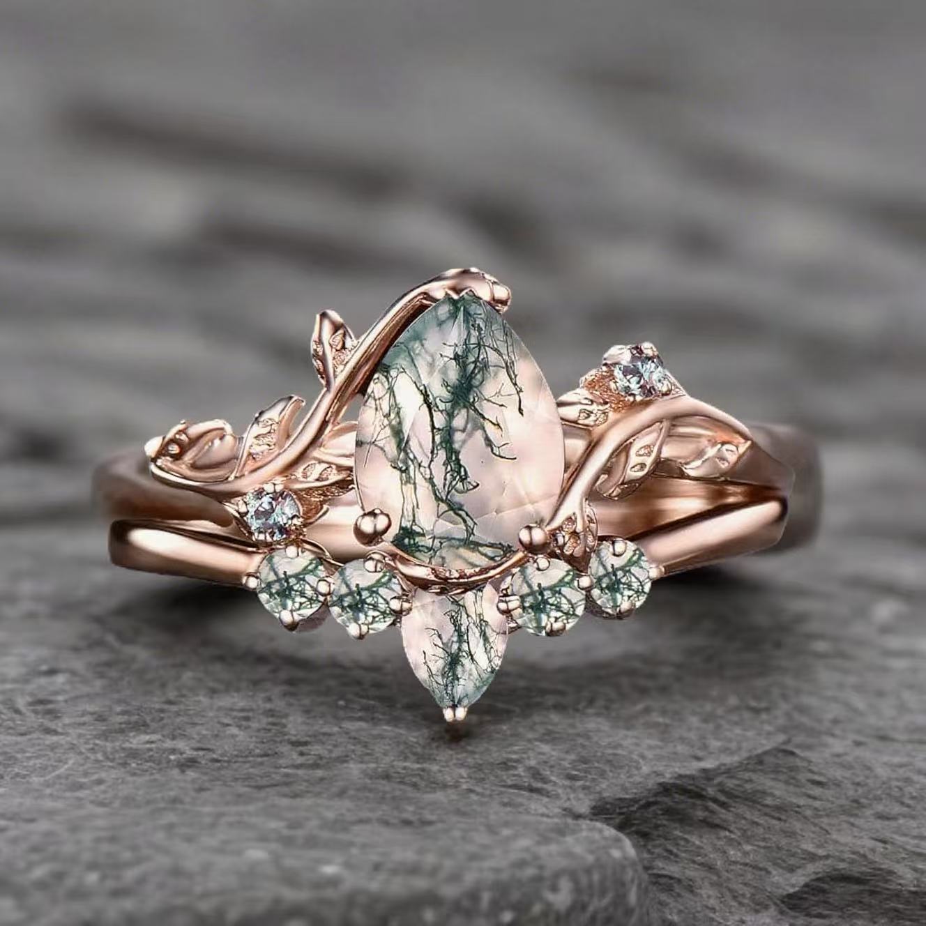 Women Vine Natural Pear Cut Moss Agate Engagement Ring Set