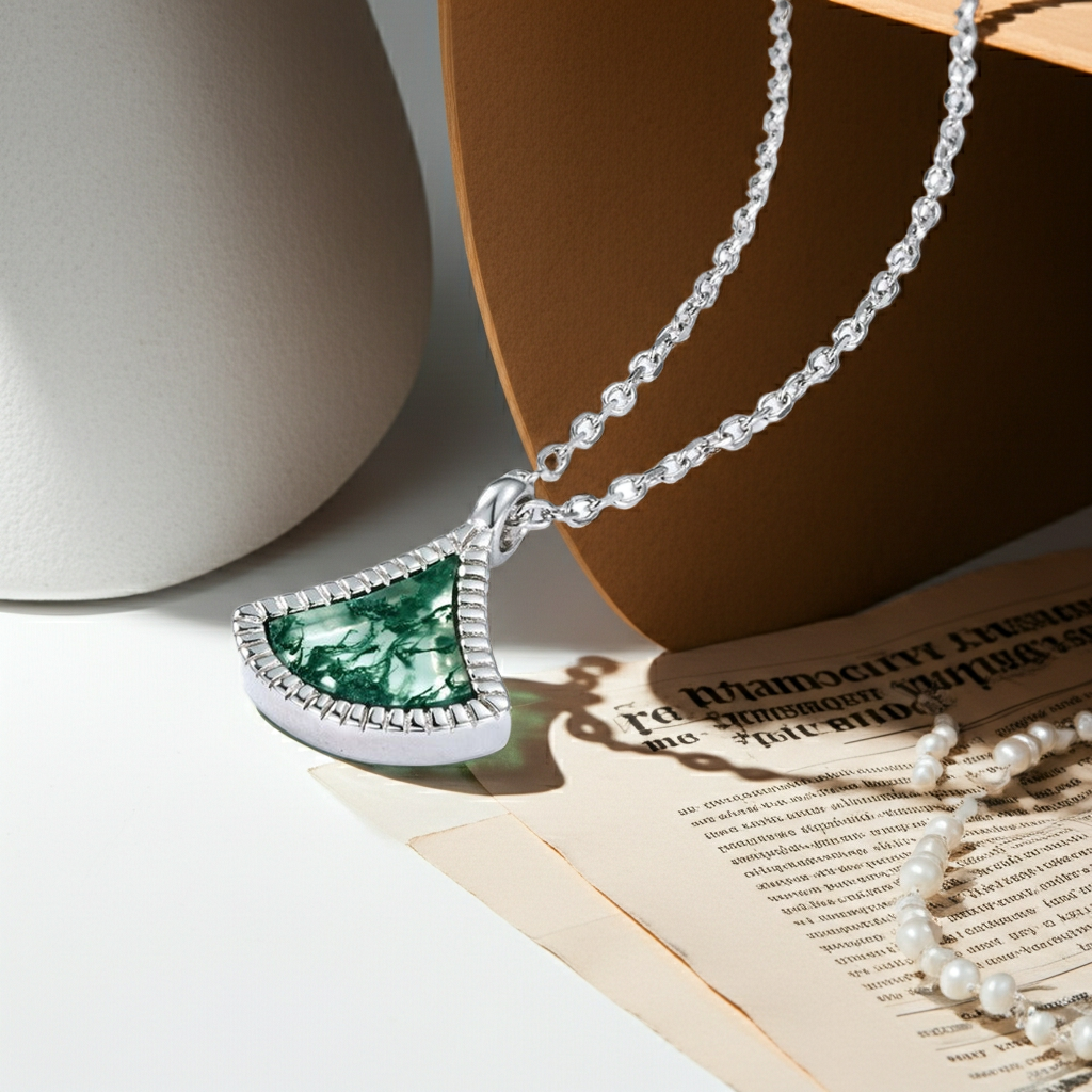 Fan-Shaped Moss Agate Nature Inspired Necklace