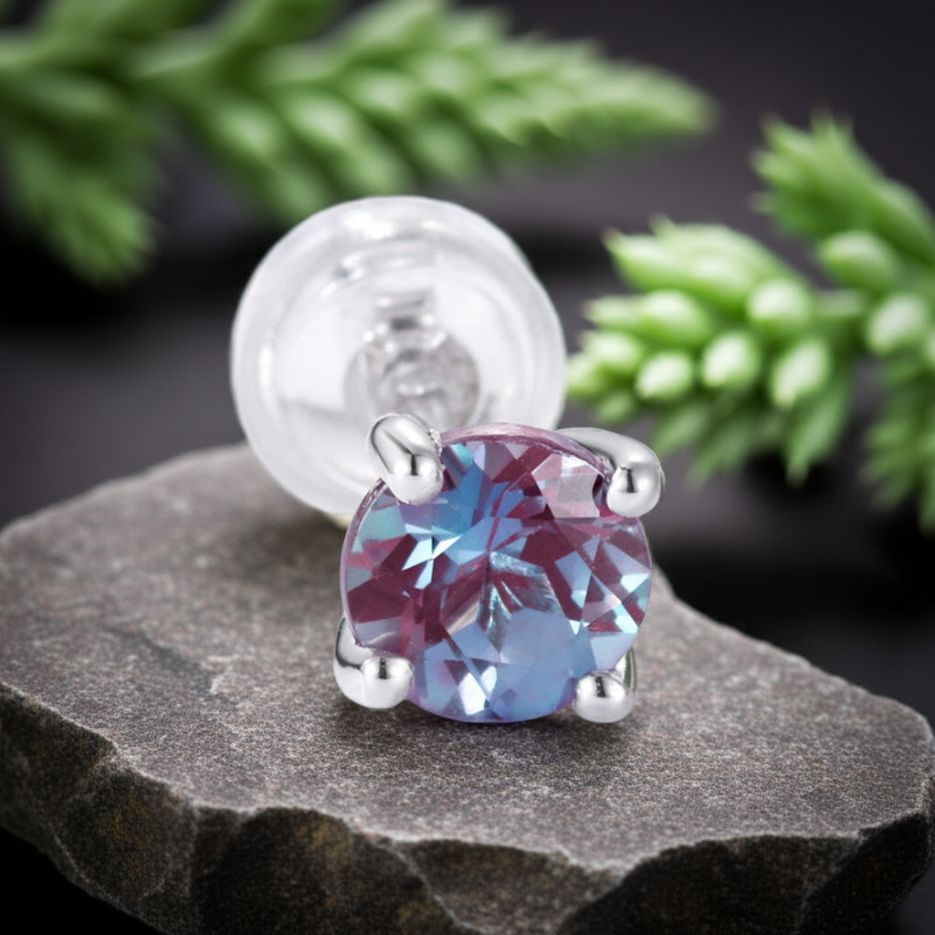 Round Cut Alexandrite Solitaire Minimalist Classic Stud Earrings