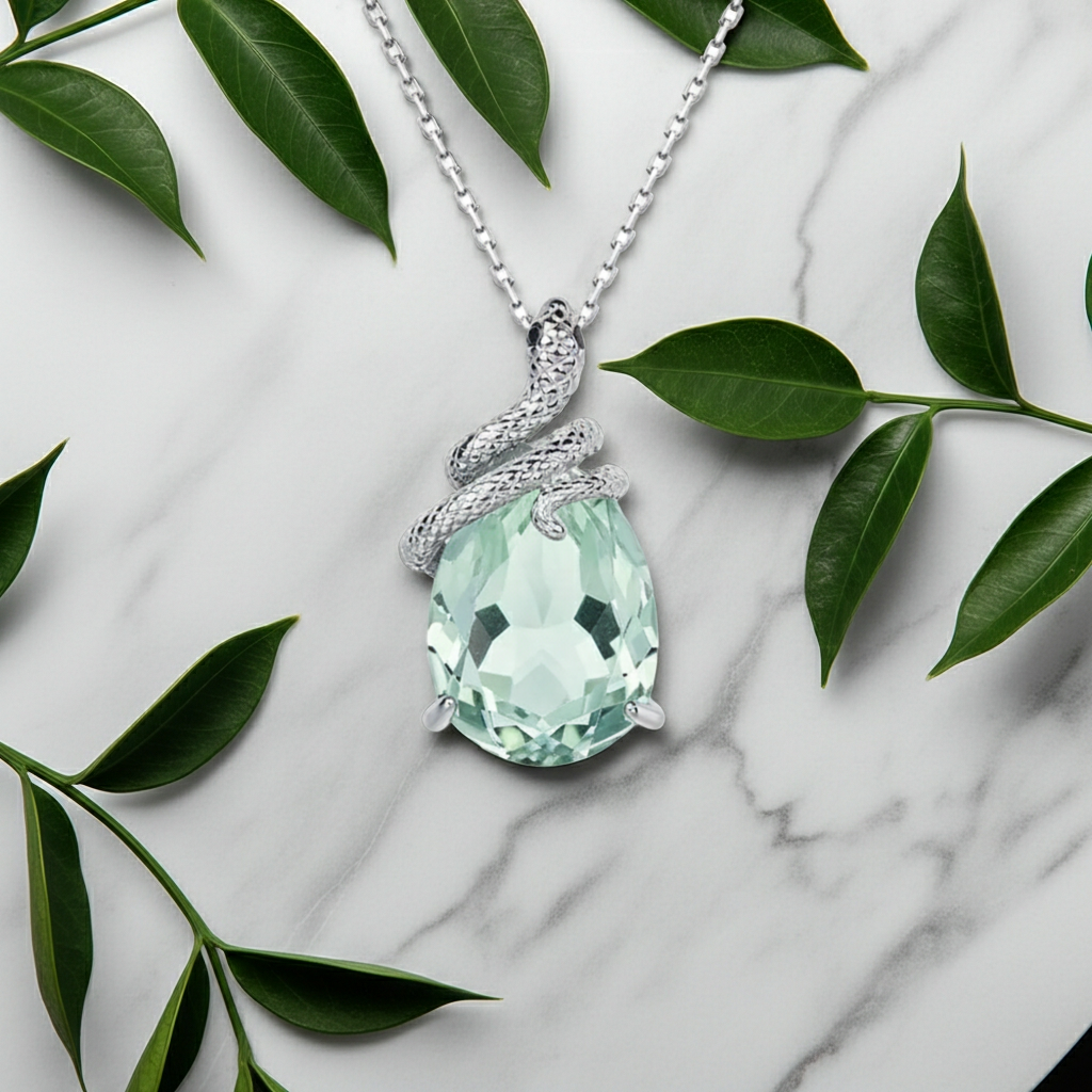 Una - Pear Cut Natural Green Amethyst Mystical Serpent Carved Unique Necklace