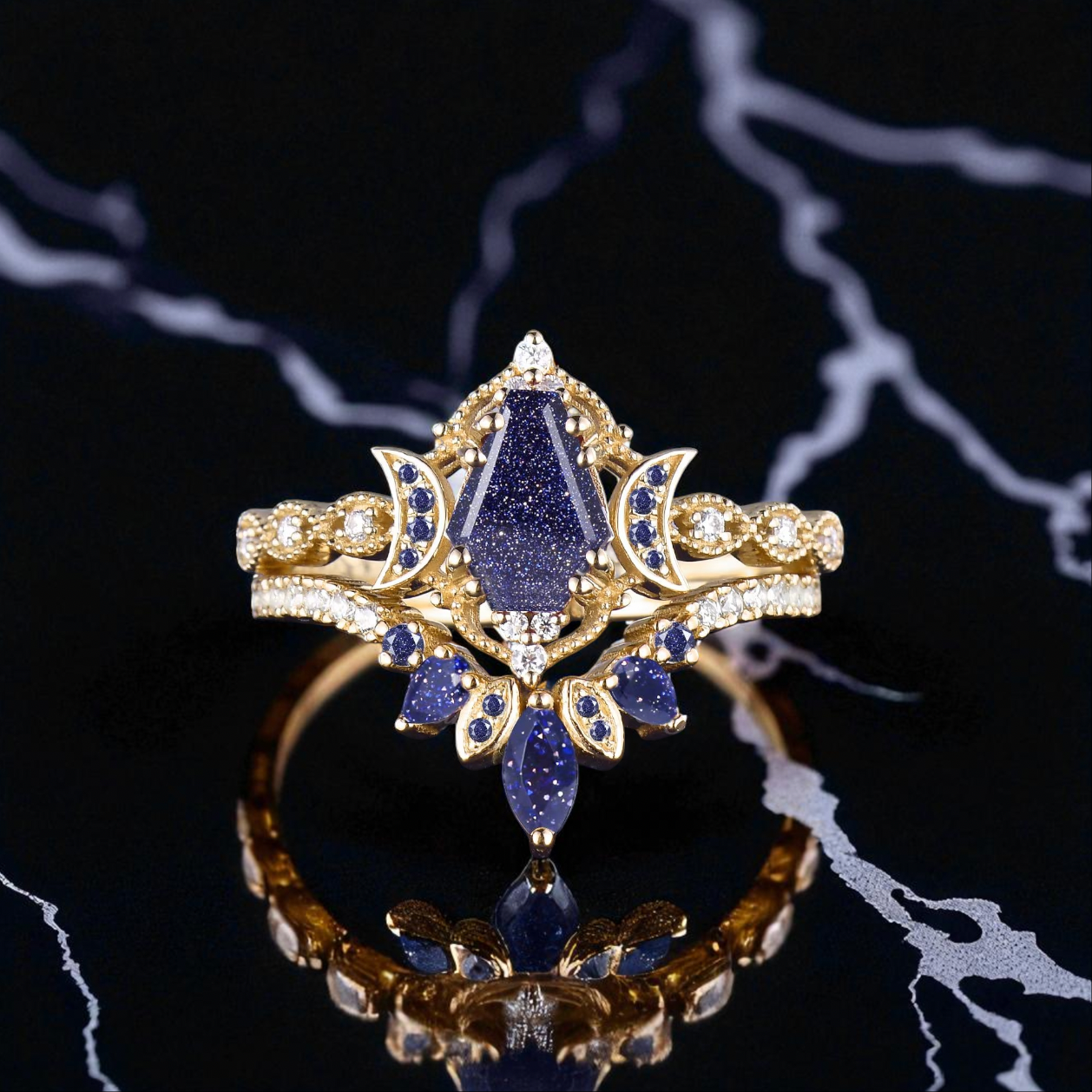 Galaxy Crescent Moon Black Gold Coffin Blue Sandstone Gothic Witchy Engagement Ring Set