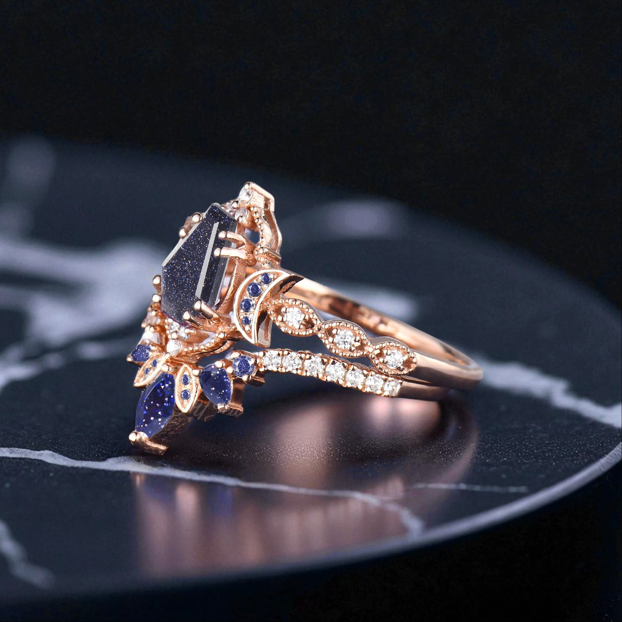 Galaxy Crescent Moon Black Gold Coffin Blue Sandstone Gothic Witchy Engagement Ring Set