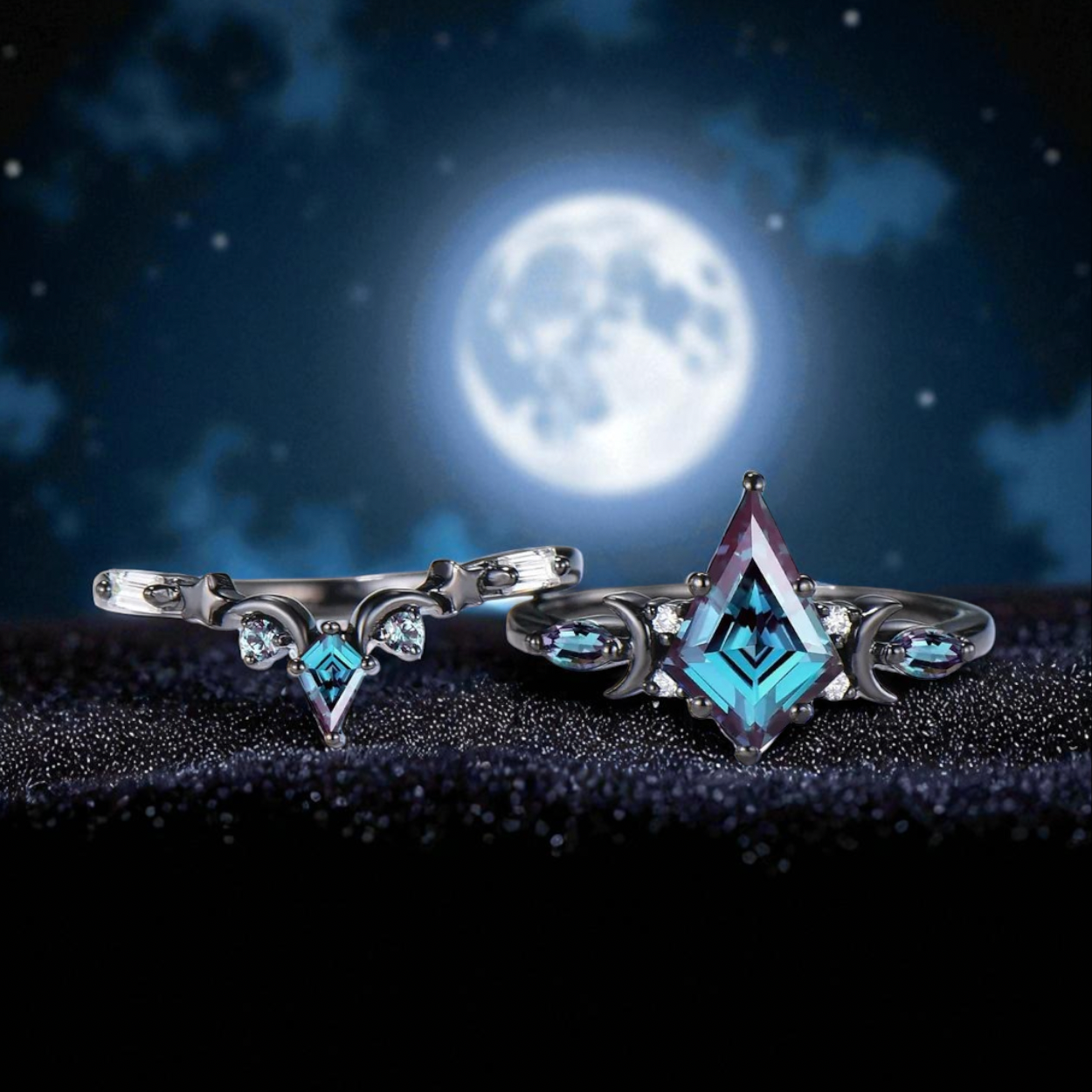 Crescent Moon Star Black Kite Cut Alexandrite June Birthstone Gothic Bridal Ring Set