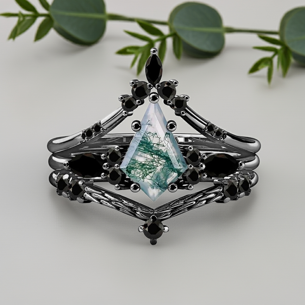 Black Gold Kite Cut Moss Agate Women Luxury Engagement Rings 3PCS