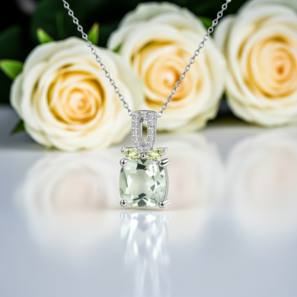 Faye - Cushion Cut Natural Green Amethyst Minimalist Classic Necklace