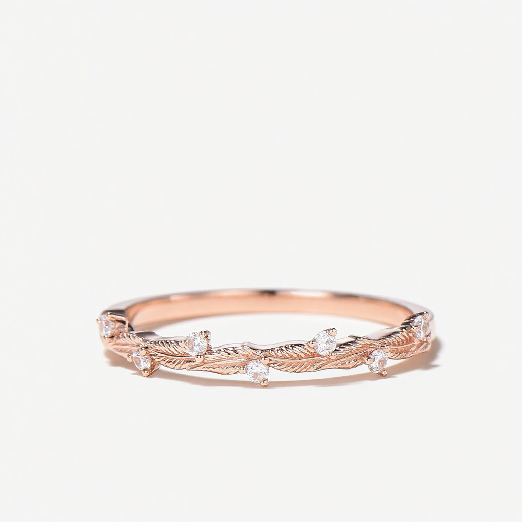 Round Cut Moissanite Leaf Half Eternity Wedding Band