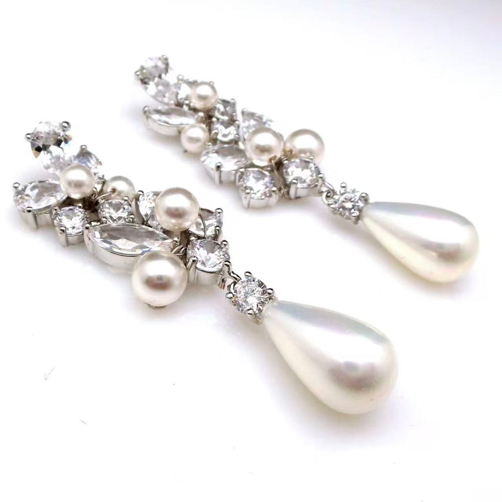 Nivea - Moissanite & Natural Pearl Teardrop Dangle Bridal Wedding Earrings