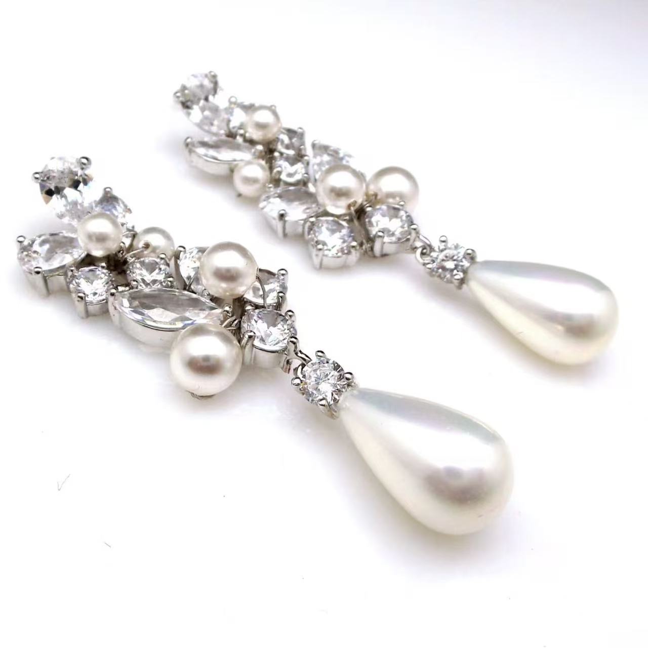 Nivea - Moissanite & Natural Pearl Teardrop Dangle Bridal Wedding Earrings