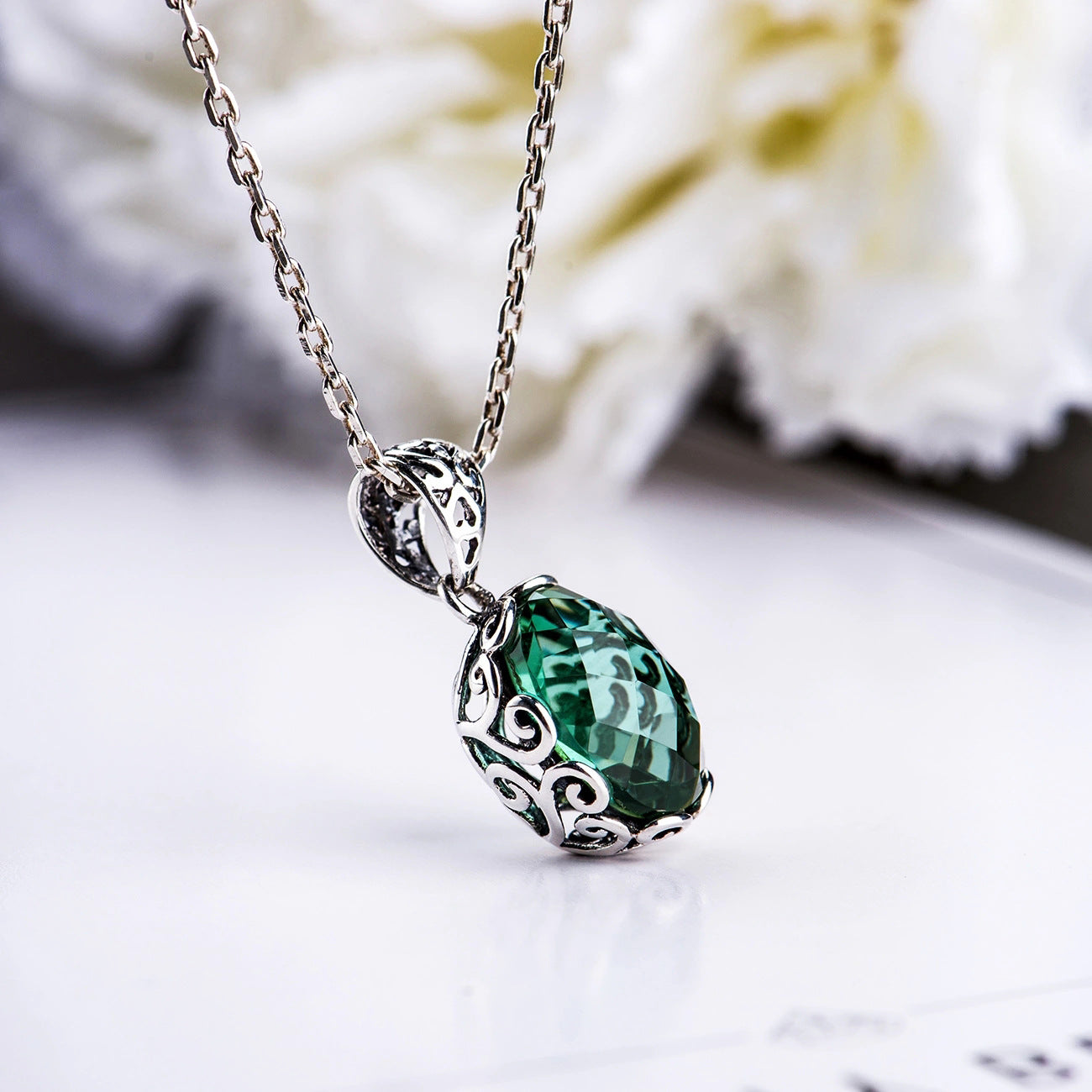 Nocturne - Oval Cut Green Crystal Nostalgia-Inspired Vintage Necklace