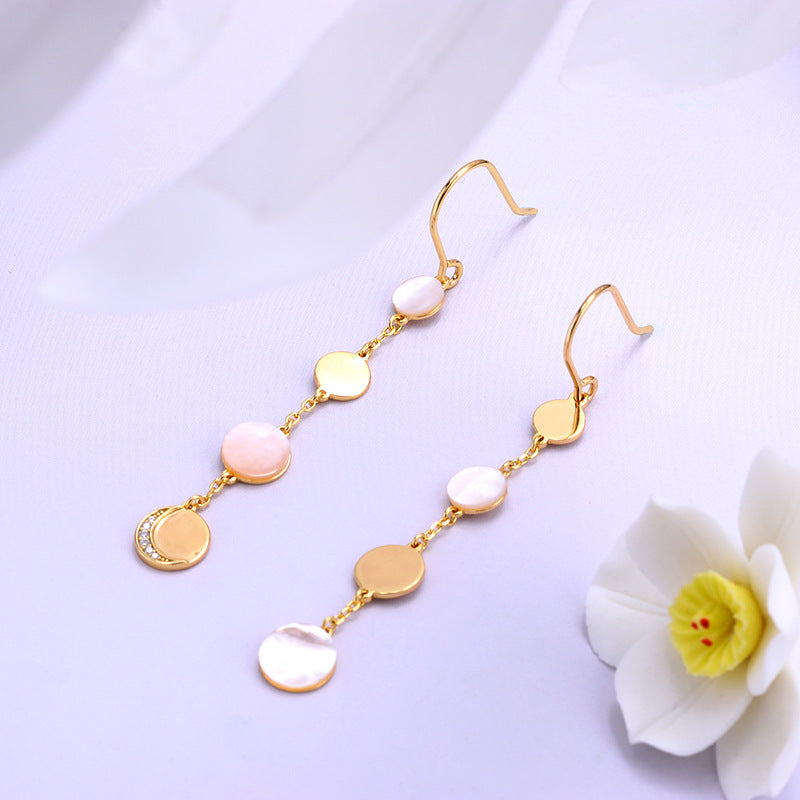 Celestial Whispers Round Disc White Shell Dangle Long Tassel Chain Earrings Classic Minimalist Contrast Circle Dangling Earrings