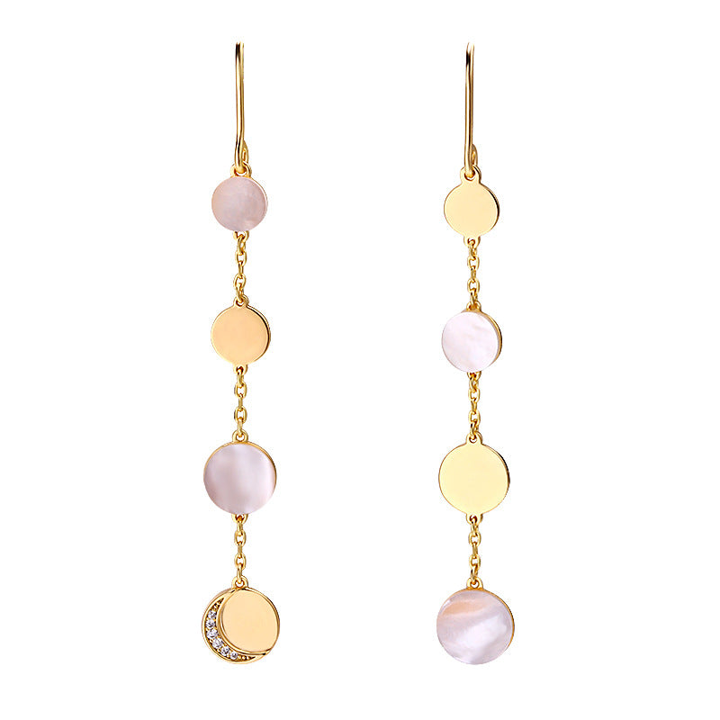 Celestial Whispers Round Disc White Shell Dangle Long Tassel Chain Earrings Classic Minimalist Contrast Circle Dangling Earrings