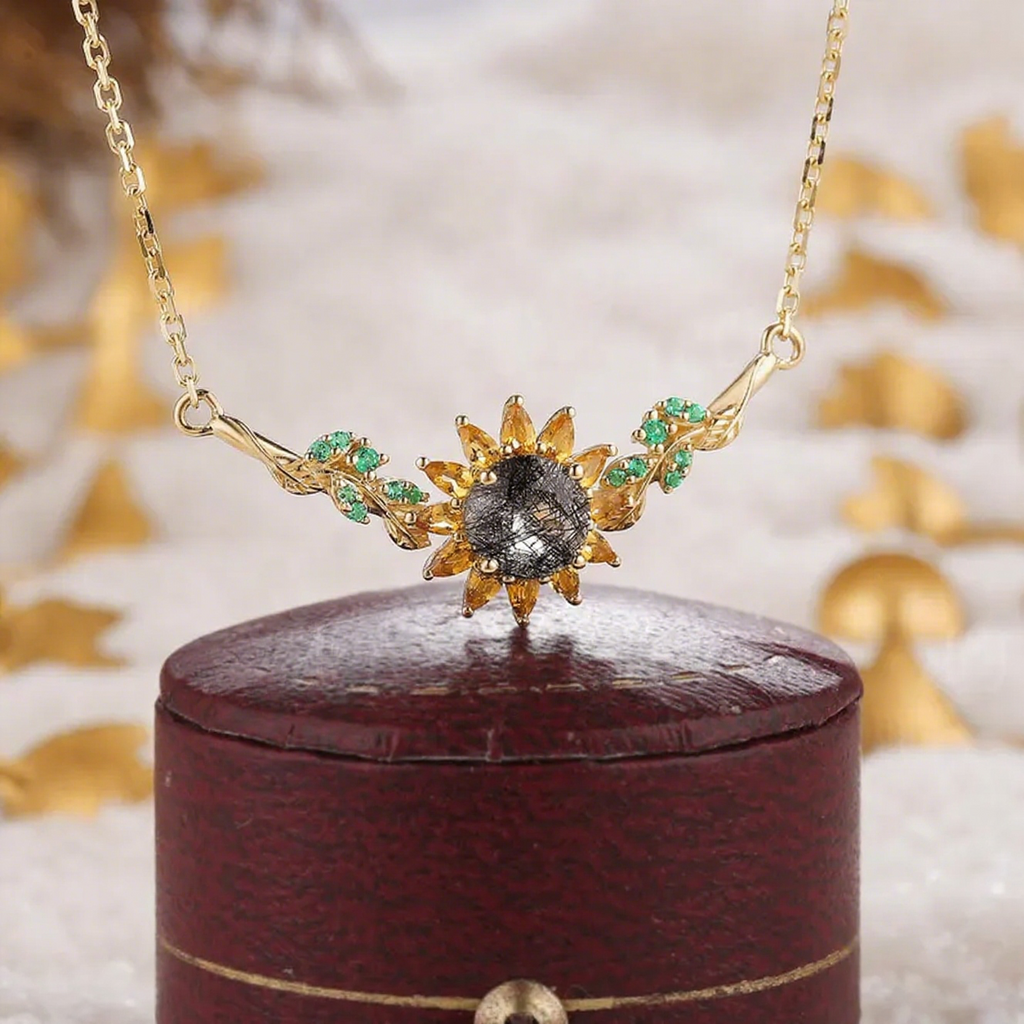 Eleanor Round Cut Black Rutilated Quartz Nature Sunflower Design Necklace