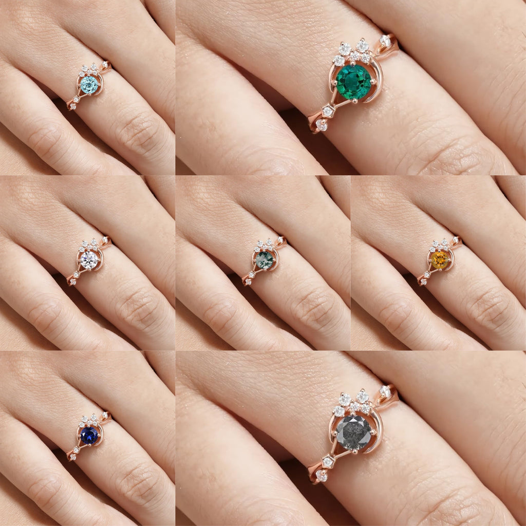 Unique Round Shape Blue Sandstone Moon Star Engagement Ring