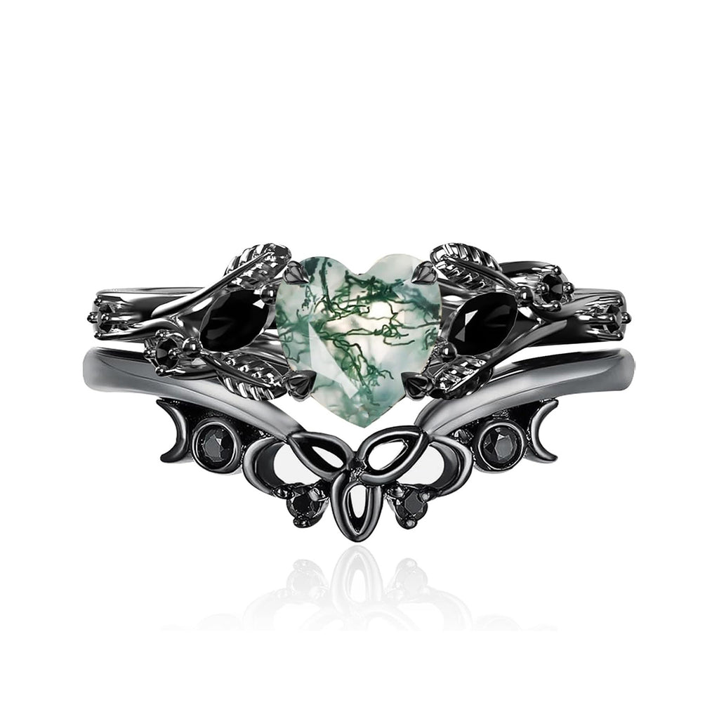 Black Gold Heart Cut Green Moss Agate & Black Moissanite Wedding Ring Set