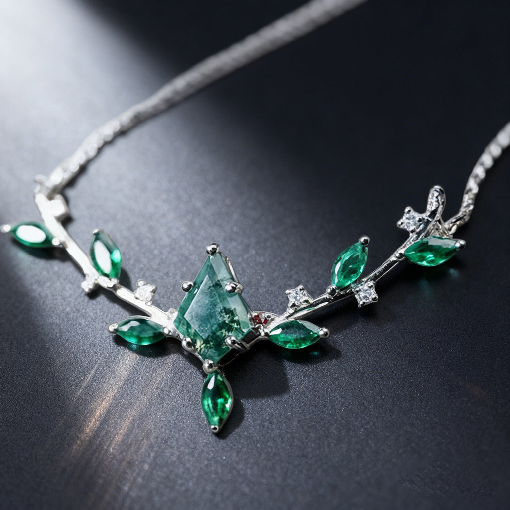 Kite Cut Moss Agate Leaf Cluster Antler Design Necklace - Elara