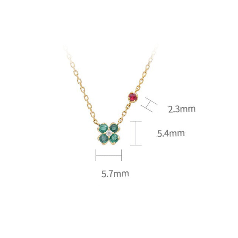 Celestia Four Leaf Clover Round Cut Natural Emerald & Ruby Christmas Necklace