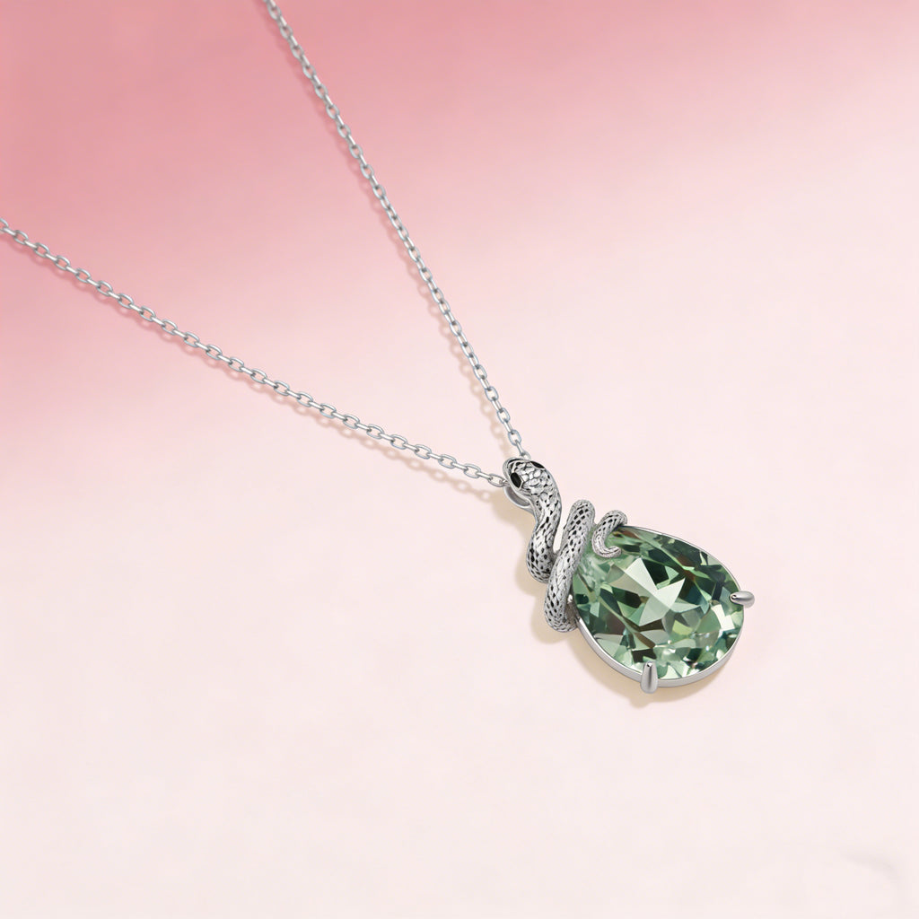 Pear Cut Lab Green Sapphire Mystical Serpent Carved Nature Inspired Necklace - Serpens