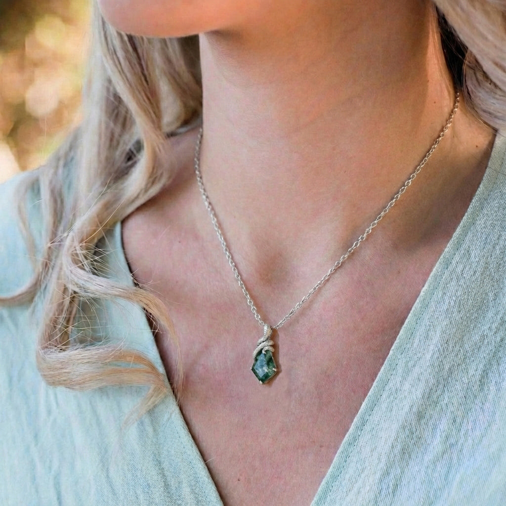 Kite Cut Moss Agate Mystical Serpent Carved Nature Inspired Necklace