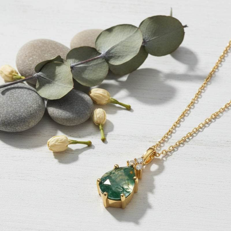 Zinnia-Pear Cut Moss Agate Classic Necklace