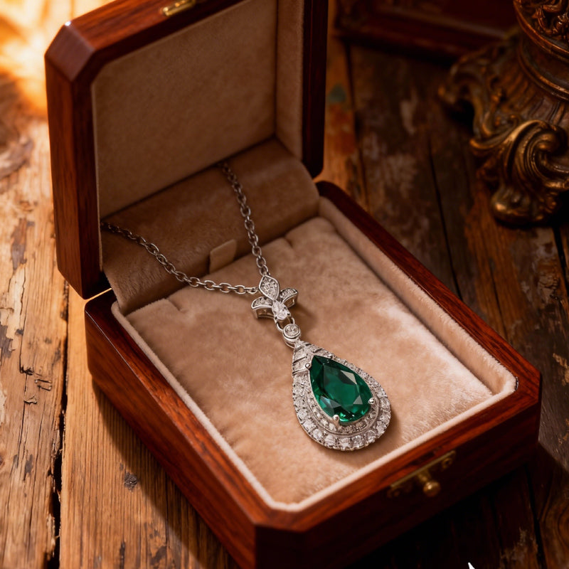 'Forest Dew' Pear Cut Lab Emerald Halo Pendant