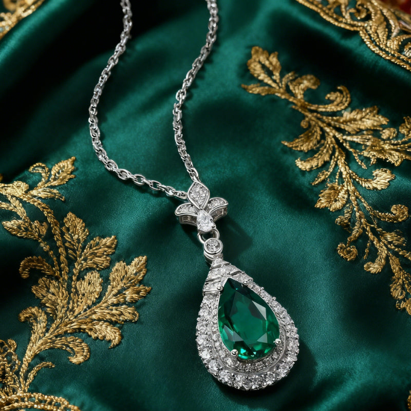 'Forest Dew' Pear Cut Lab Emerald Halo Pendant