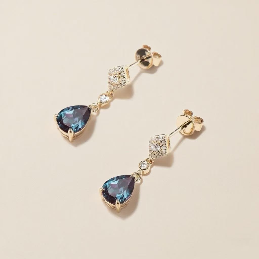 Pear Cut Color-change Lab Alexandrite & Moissanite Classic Drop Earrings