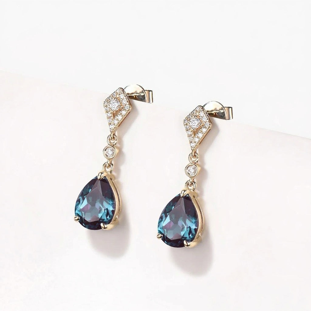 Pear Cut Color-change Lab Alexandrite & Moissanite Classic Drop Earrings