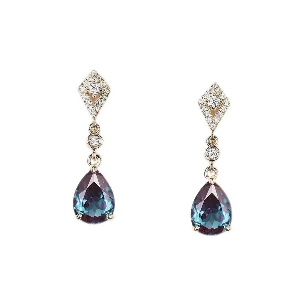 Pear Cut Color-change Lab Alexandrite & Moissanite Classic Drop Earrings