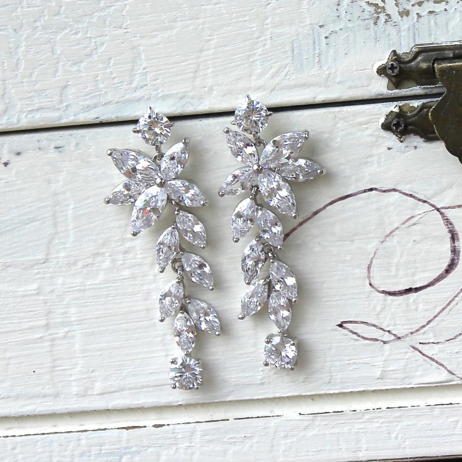 Marquise Long Crystal Chandelier Moissanite Bridal Earrings, Moissanite Wedding Earrings