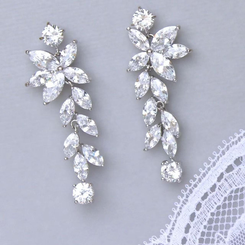 Marquise Long Crystal Chandelier Moissanite Bridal Earrings, Moissanite Wedding Earrings