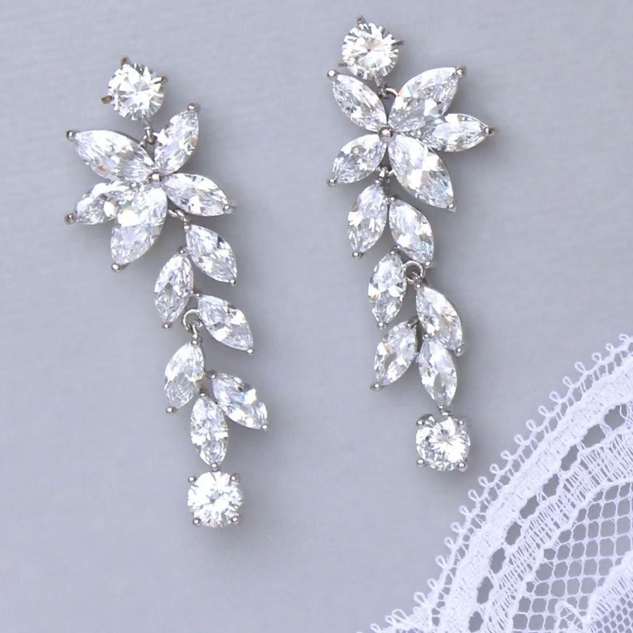 Marquise Long Crystal Chandelier Moissanite Bridal Earrings, Moissanite Wedding Earrings