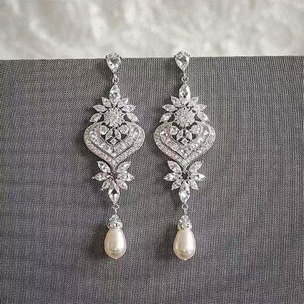 Moissanite & Pearl Chandelier Long Dangle Vintage Bridal Earrings