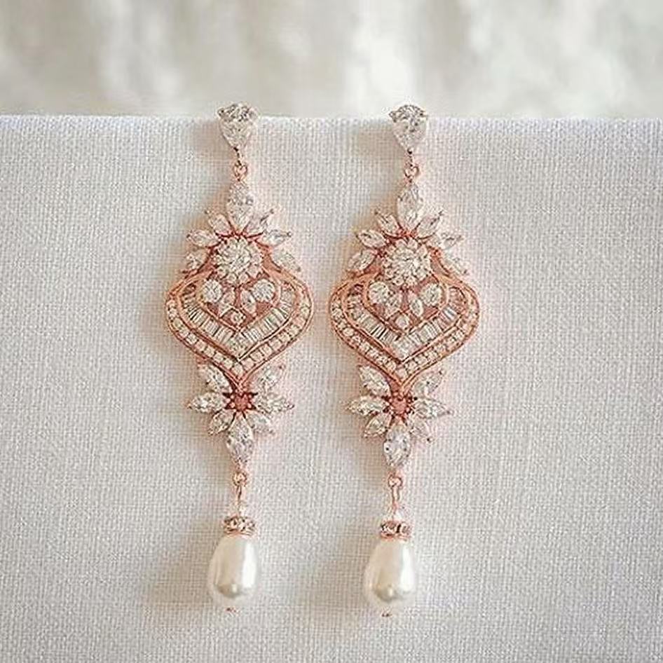 Moissanite & Pearl Chandelier Long Dangle Vintage Bridal Earrings