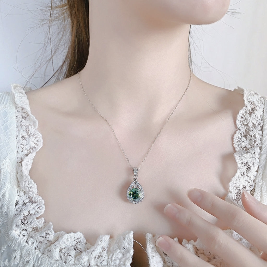 Verdantia - Round Cut Green Moissanite Halo Necklace