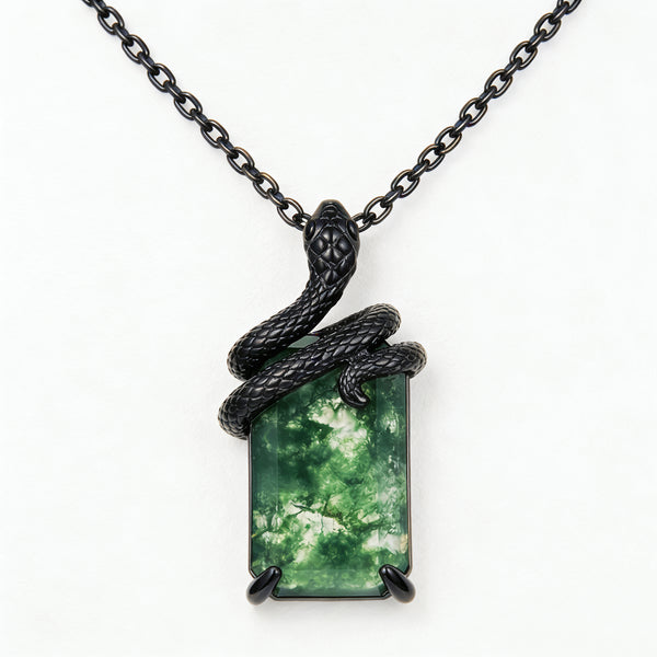 Moss Agate Mystical Serpent Carved Black Gold Gothic Necklace For Girlfriend - "Cloak"
