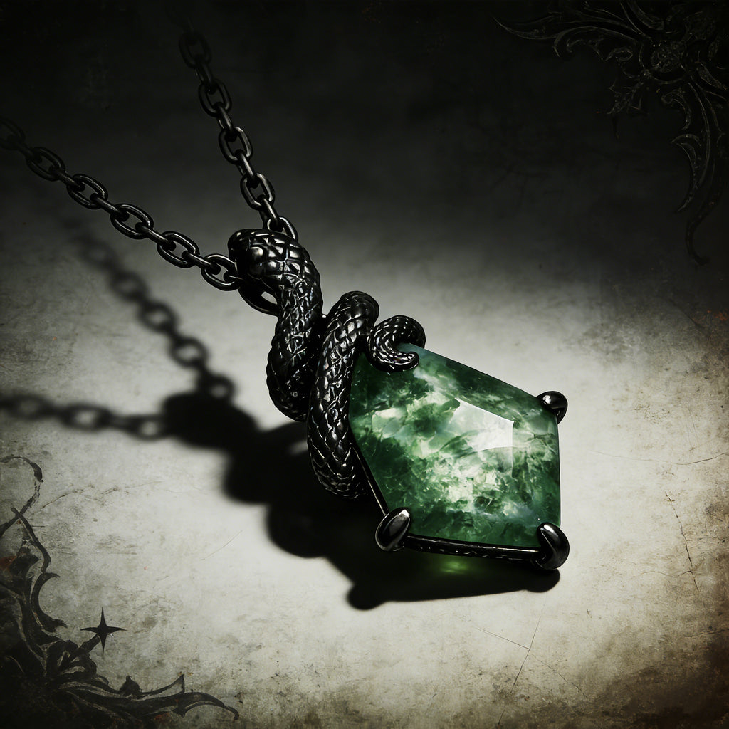 Kite Cut Moss Agate Mystical Serpent Carved Black Gold Gothic Necklace For Girlfriend - "Cloak"