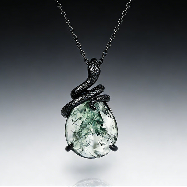 Moss Agate Mystical Serpent Carved Black Gold Gothic Necklace For Girlfriend - "Cloak"
