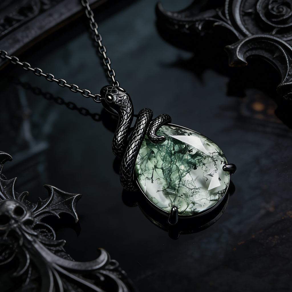 Moss Agate Mystical Serpent Carved Black Gold Gothic Necklace For Girlfriend - "Cloak"