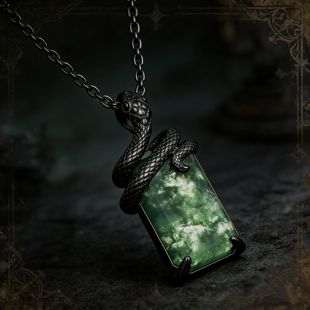 Moss Agate Mystical Serpent Carved Black Gold Gothic Necklace For Girlfriend - "Cloak"