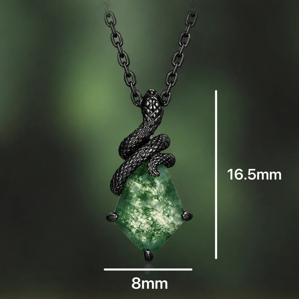 Kite Cut Moss Agate Mystical Serpent Carved Black Gold Gothic Necklace For Girlfriend - "Cloak"