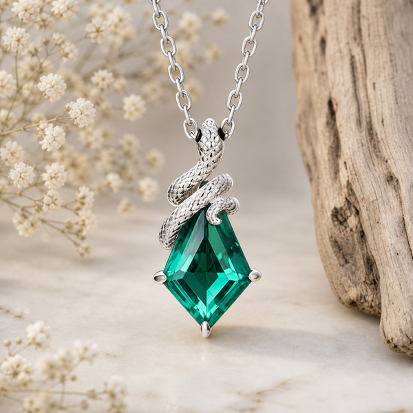Kite Cut Lab Green Sappire Mystical Serpent Carved Nature Inspired Necklace - Evelina