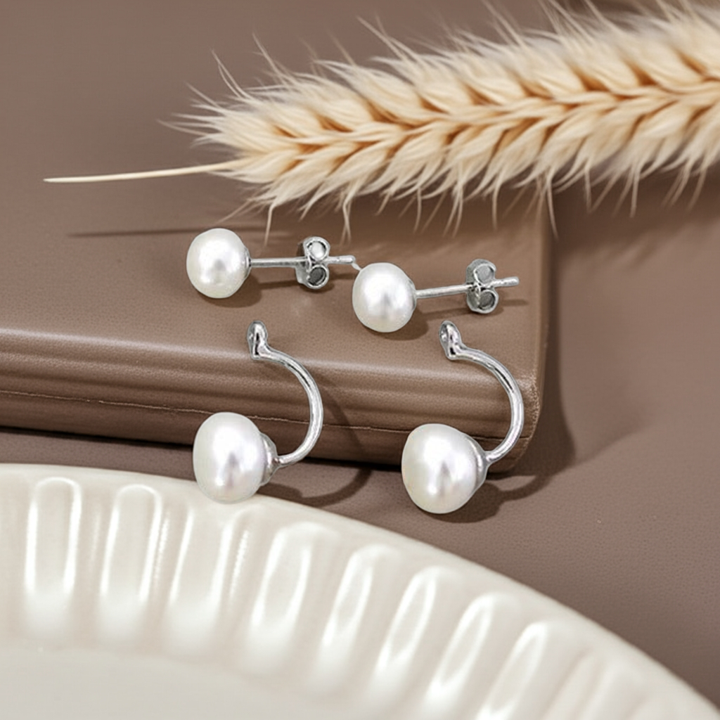 Round Cut Natural Freshwater Pearls Classic Stud Earrings