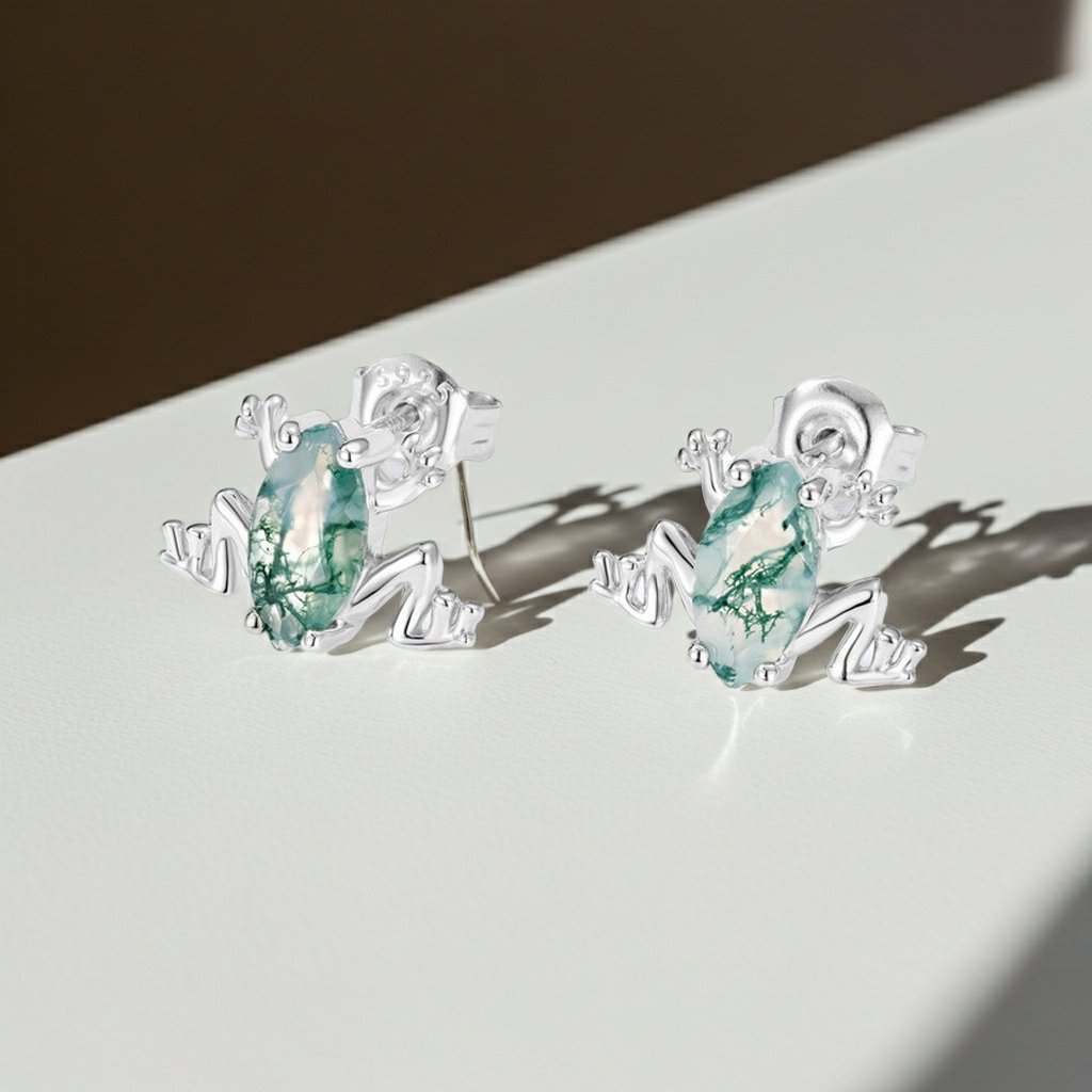 Boucles d'oreilles uniques en agate mousse taille marquise Pondgem, motif grenouille