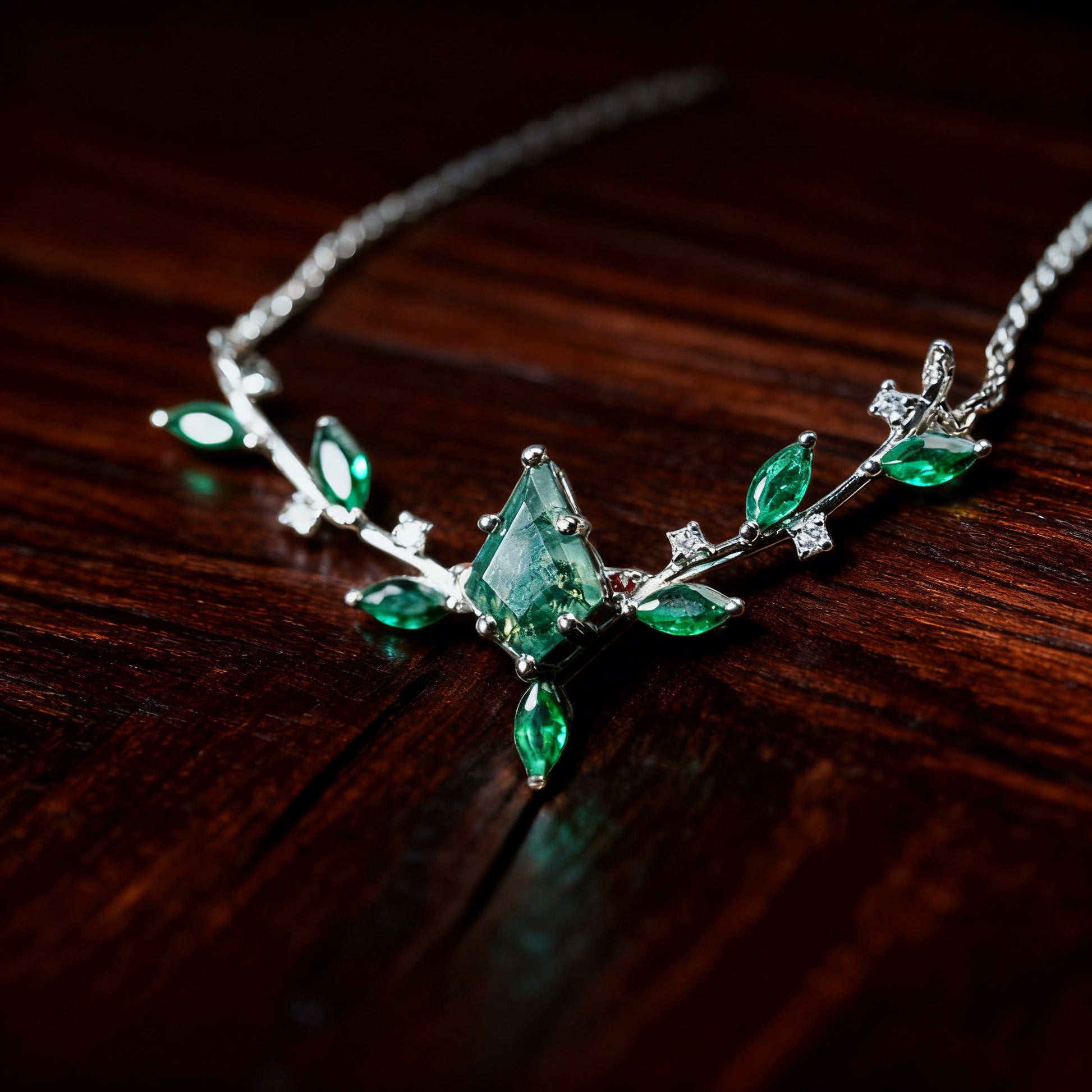 Kite Cut Moss Agate Leaf Cluster Antler Design Necklace - Elara