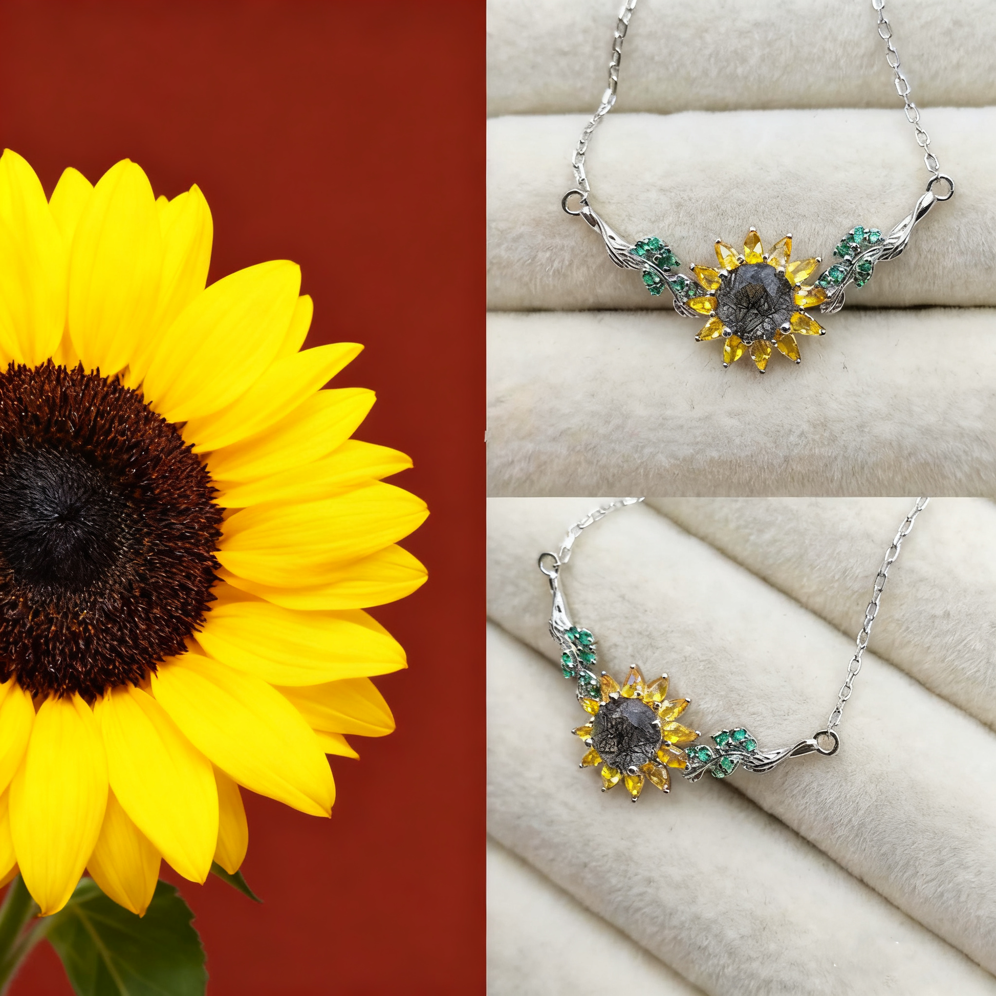 Eleanor Round Cut Black Rutilated Quartz Nature Sunflower Design Necklace