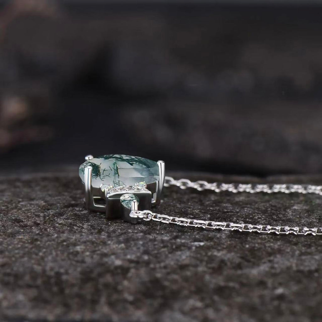 Pear Cut Moss Agate Galaxy Crescent Moon Pendant  - 'Minty'