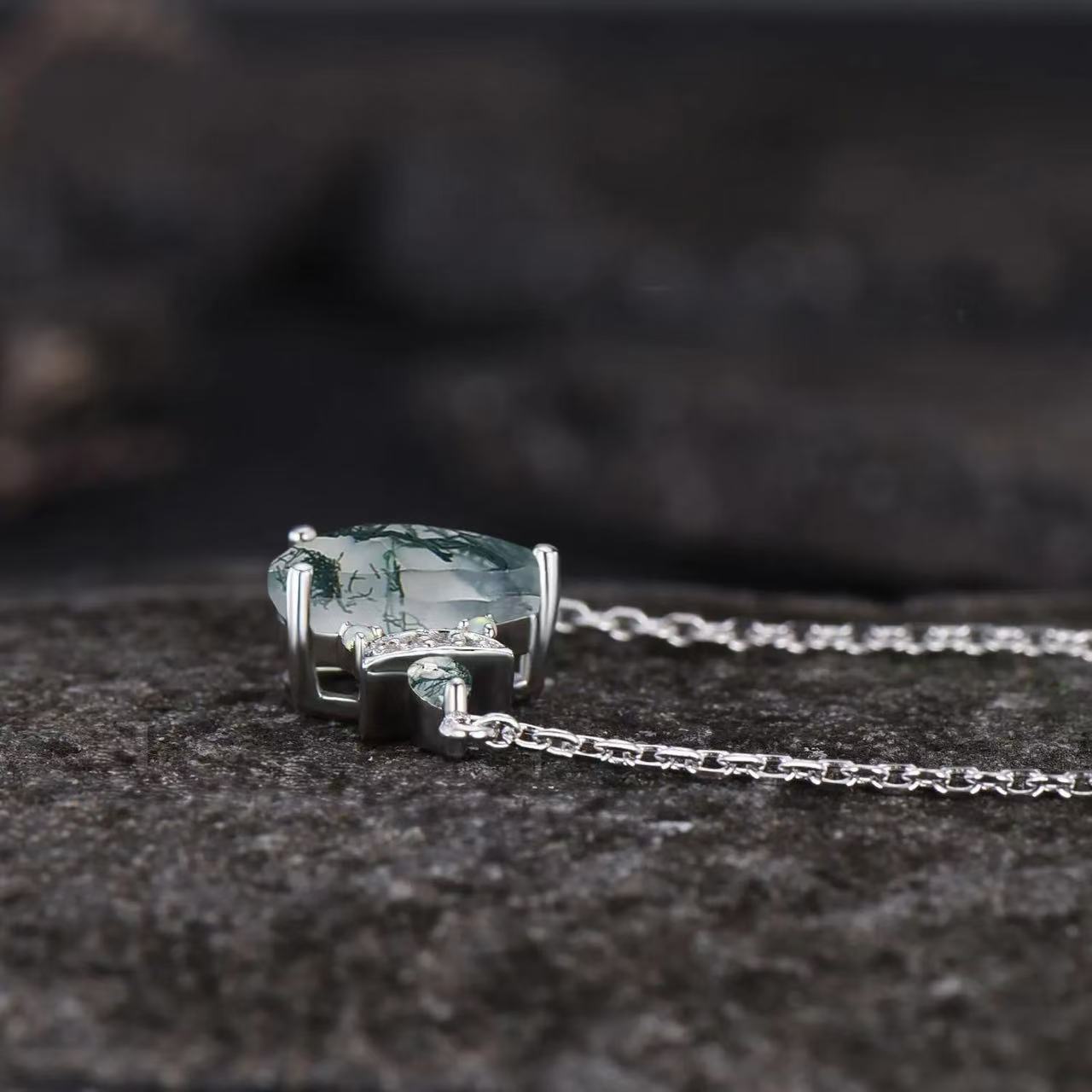 Pear Cut Moss Agate Galaxy Crescent Moon Pendant  - 'Minty'