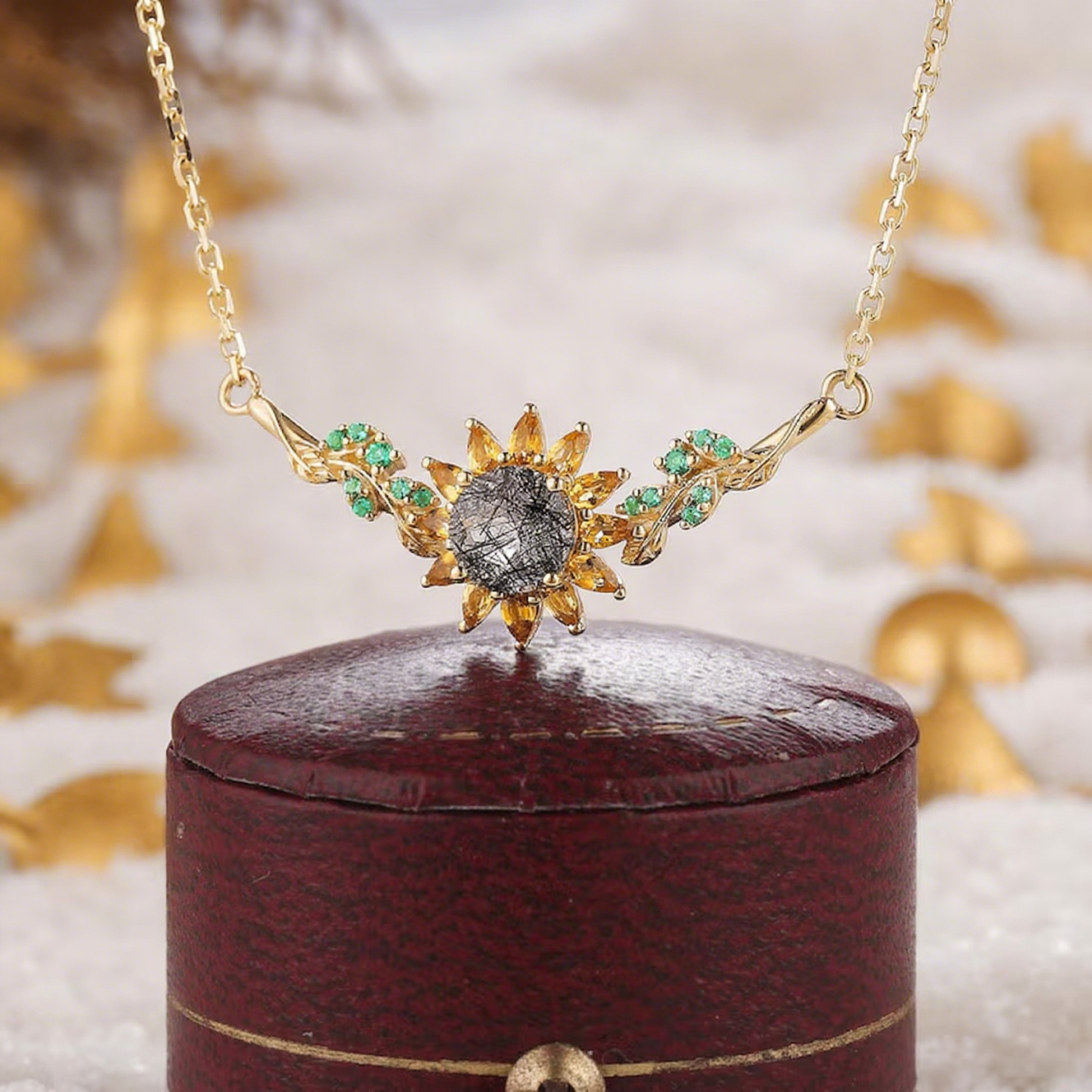 Eleanor Round Cut Black Rutilated Quartz Nature Sunflower Design Necklace