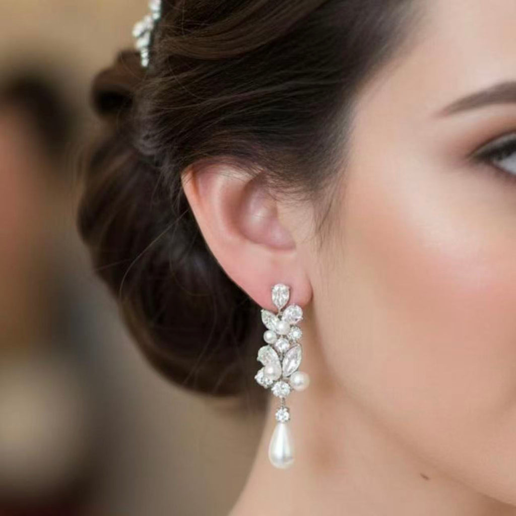 Nivea - Moissanite & Natural Pearl Teardrop Dangle Bridal Wedding Earrings