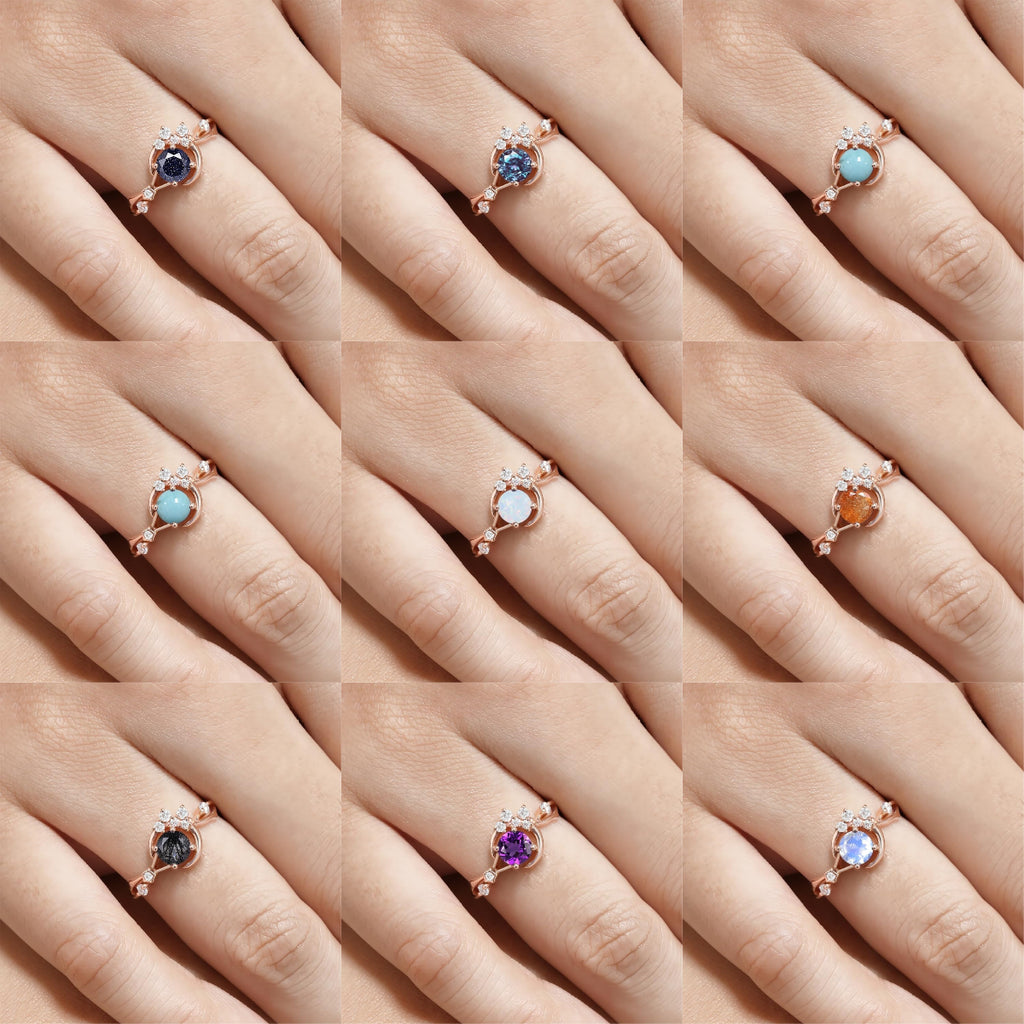 Unique Round Shape Blue Sandstone Moon Star Engagement Ring
